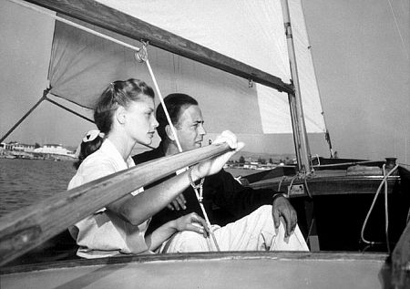 Humphrey Bogart and Lauren Bacall on their honeymoon in Newport, CA, 1945.