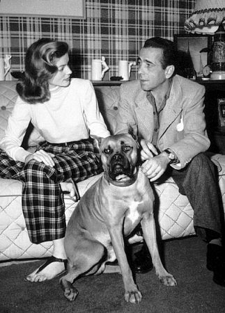 Humphrey Bogart and Lauren Bacall with their pet boxer at home, circa 1945.