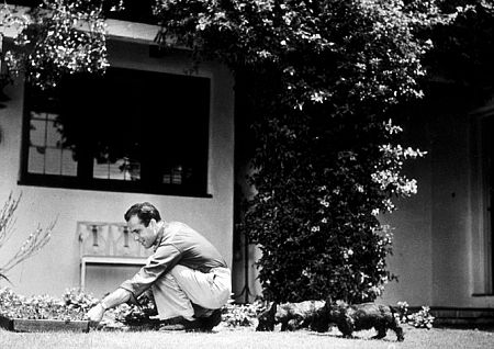 At home with his dogs, circa 1944.