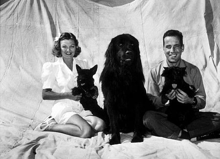 Humphrey Bogart and his third wife, Mayo Methot, with their dogs, 1944.