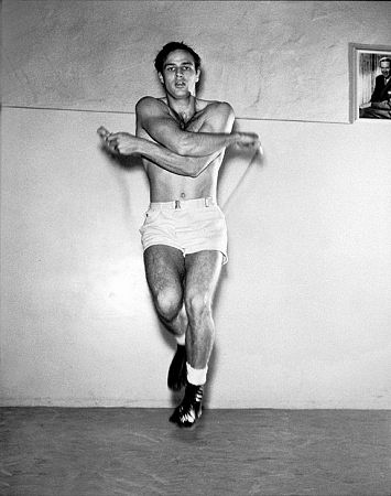 Marlon Brando in the studio gym during shooting of 