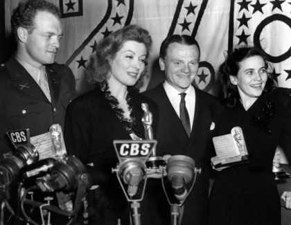 Teresa Wright (far right) with (left to right) Van Heflin, Greer Garson and James Cagney as they all hold the Motion Picture Academy's coveted 