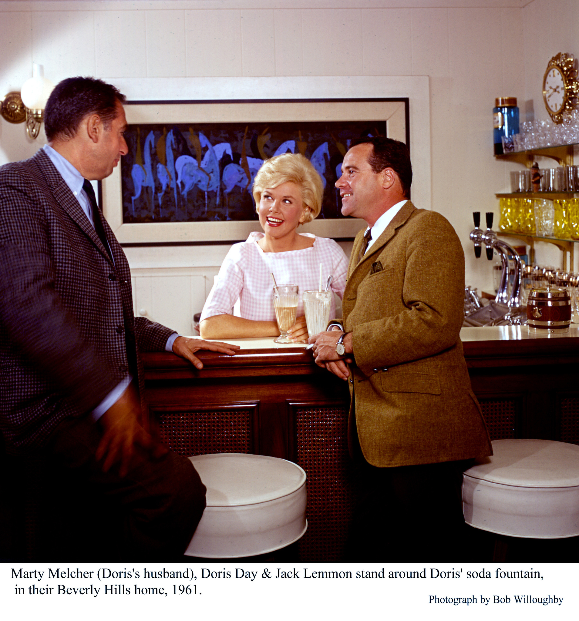 Jack Lemmon with Doris Day and her husband Marty Melchor, at the home of Doris Day in Beverly Hills, 1961.