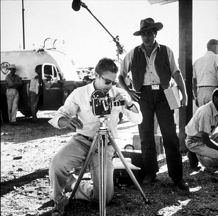 James Dean with his Bolex camera on location for 