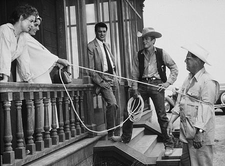 Elizabeth Taylor, Rock Hudson, James Dean and George Stevens on location in Marfa Texas for 