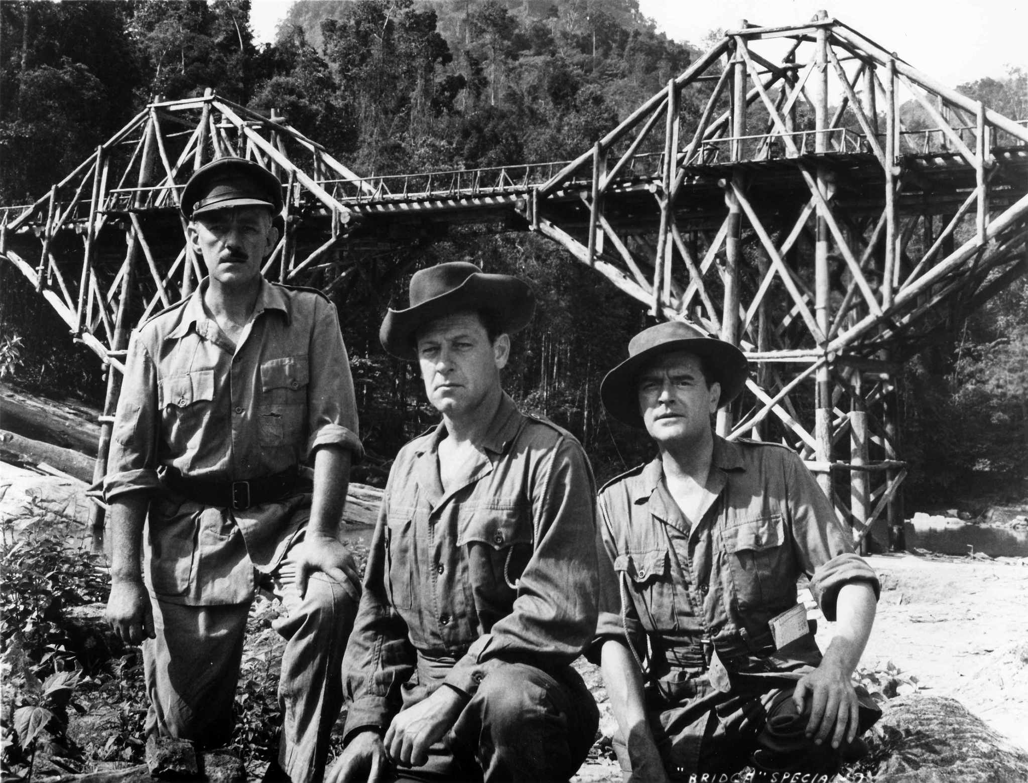 Still of Alec Guinness, William Holden and Jack Hawkins in The Bridge on the River Kwai (1957)