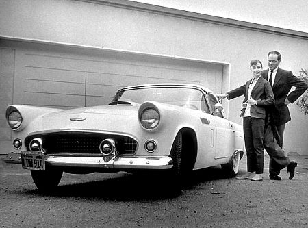 33-2258 Audrey Hepburn and Mel Ferrer with their 1956 T-Bird at home in Beverly Hills