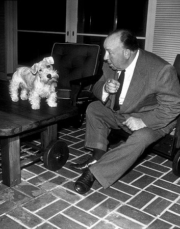 Alfred Hitchcock with his pet Sealyham Terrier, 1963.
