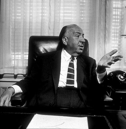 Alfred Hitchcock in his office at Universal Studios, 1957.