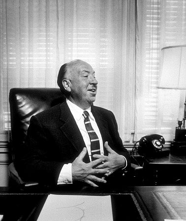 Alfred Hitchcock in his office at Universal Studios Ca, 1957.