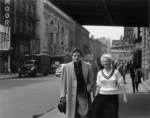 Marilyn Monroe strolling down West 46th Street in New York City with Jack Lord circa 1950s