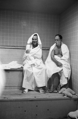 Frank Sinatra and his banker Al Hart in the steam room at the Sands Hotel in Las Vegas