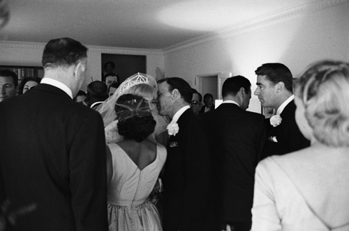 Jack Entratter (back to camera), Frank Sinatra and Peter Lawford at Sammy Davis Jr.'s wedding to May Britt 11-13-1960