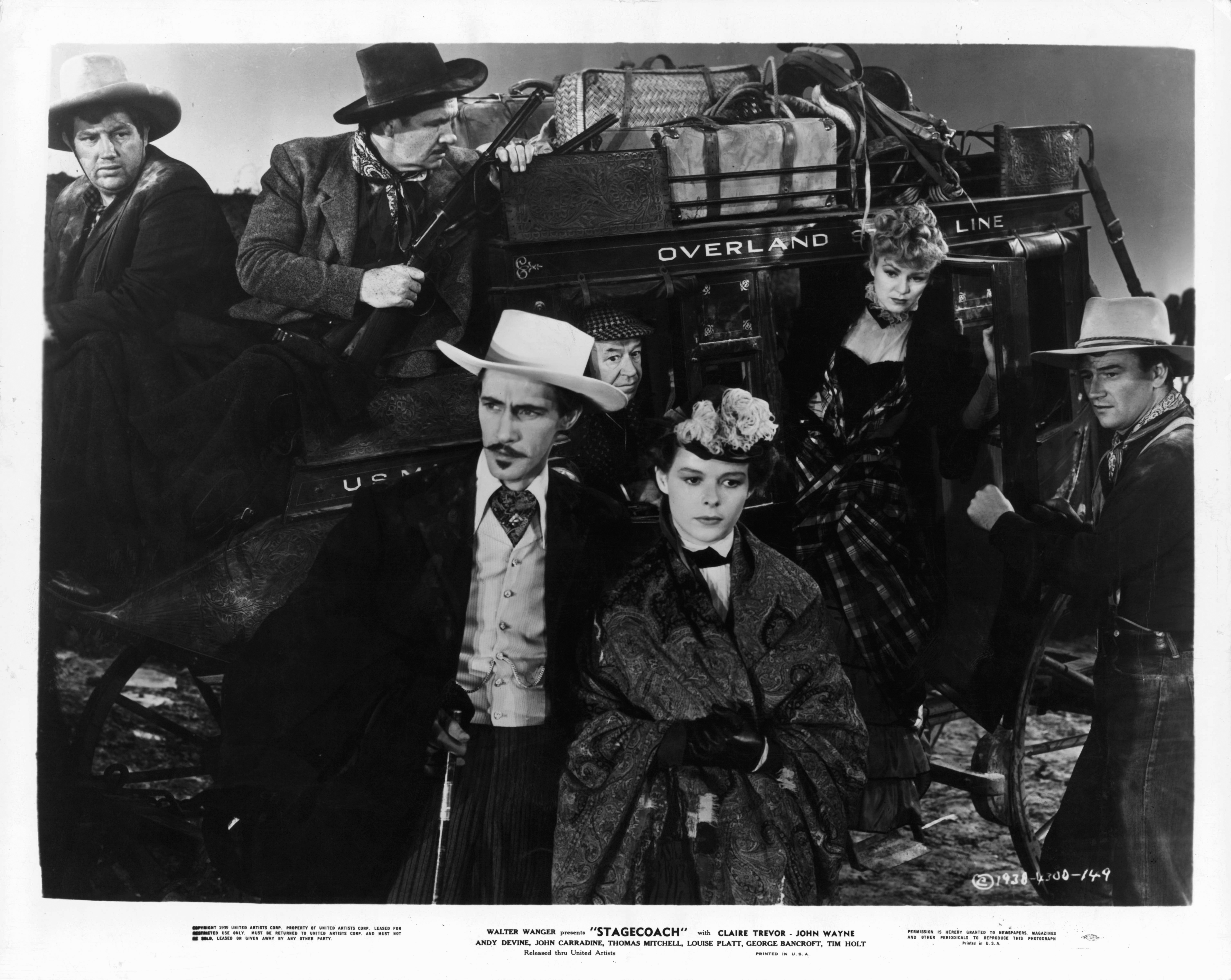 Still of John Wayne, John Carradine, Andy Devine and Claire Trevor in Stagecoach (1939)