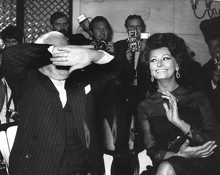 Sophia Loren with Charlie Chaplin during a press conference in London, 1965.