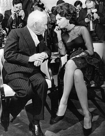 Sophia Loren with Comedian Charlie Chaplin during a press conference, 1965.