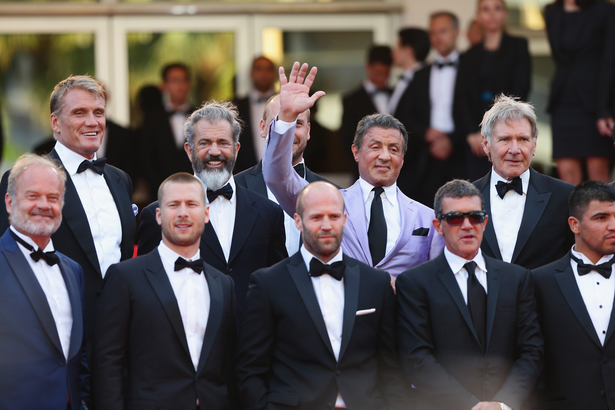 Antonio Banderas, Harrison Ford, Mel Gibson, Dolph Lundgren, Sylvester Stallone, Kelsey Grammer, Jason Statham, Patrick Hughes, Glen Powell and Victor Ortiz at event of Nesunaikinami 3 (2014)