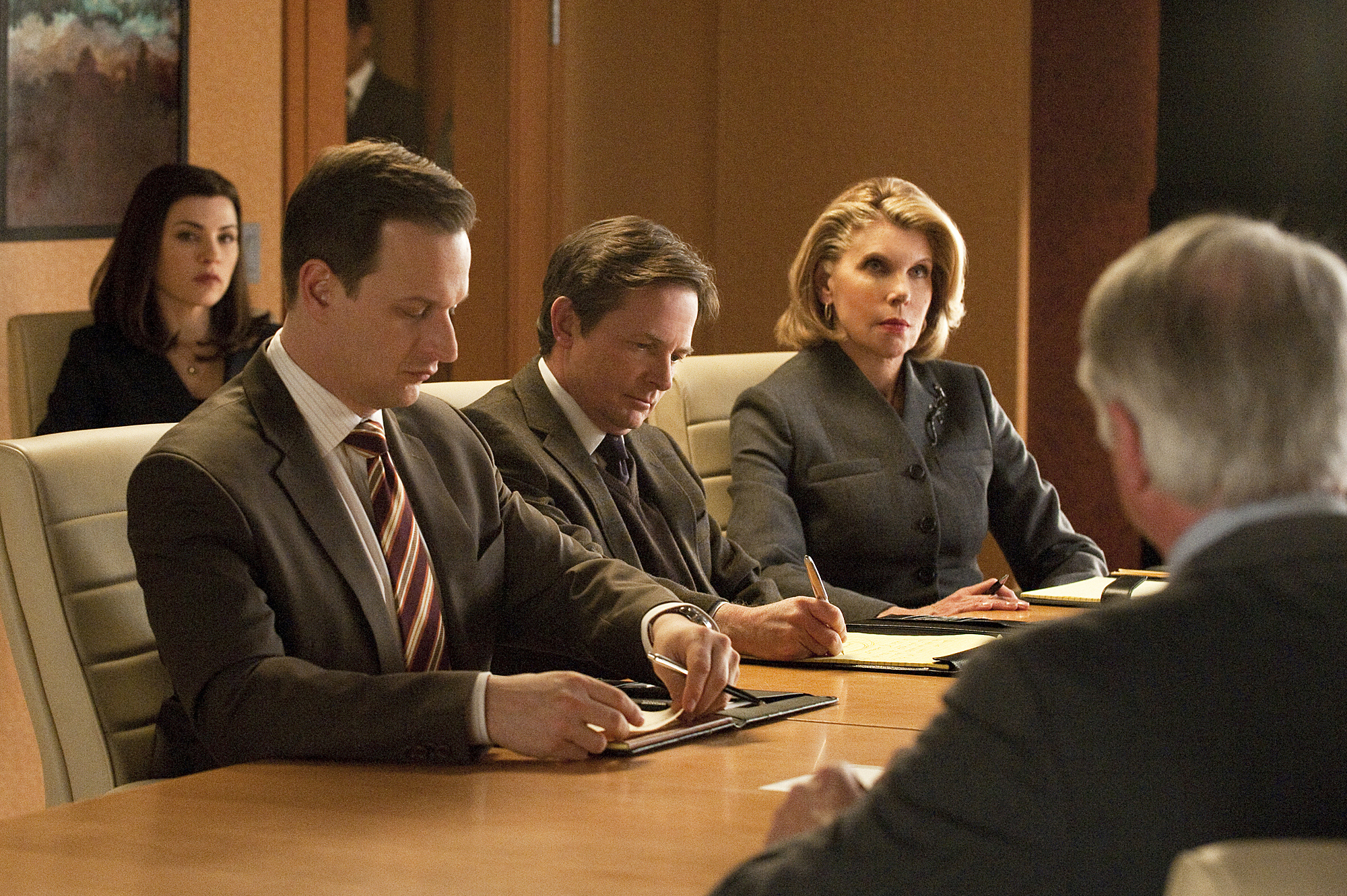 Still of Michael J. Fox, Julianna Margulies, Josh Charles and Christine Baranski in The Good Wife (2009)