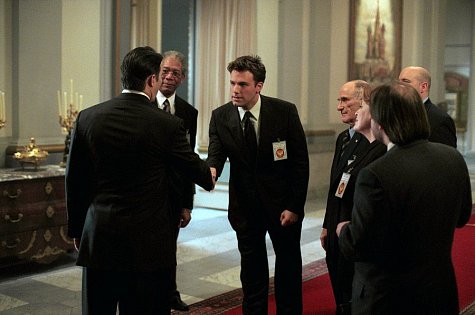 (Center) Ben Affleck as Jack Ryan (left) Morgan Freeman as DCI William Cabot and (far left), Ciarán Hinds as President Nemerov in 