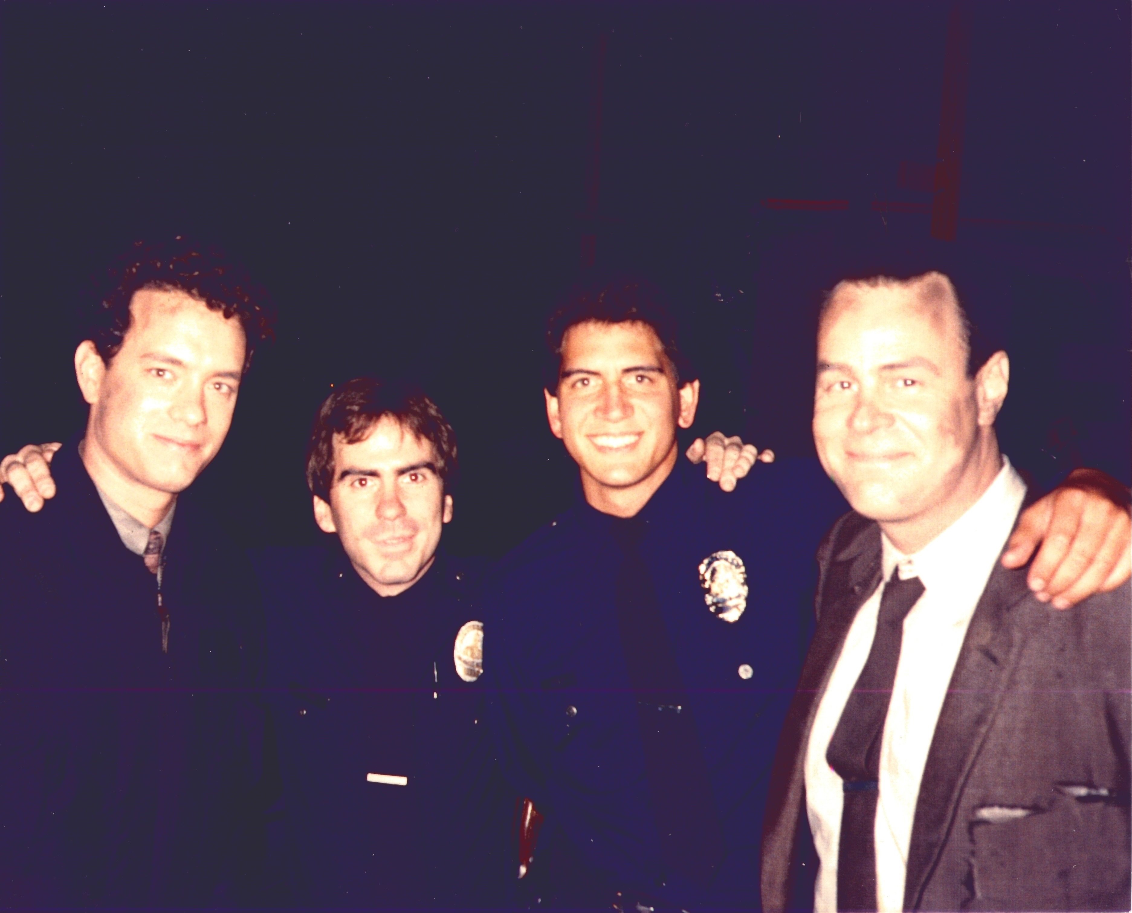 Tom Hanks, Sydney Urshan, Gary Velasco and Dan Aykroyd on set of Dragnet (1987)
