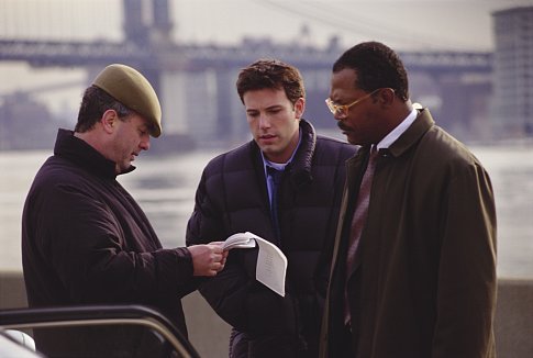 (Left to right) Director Roger Michell, Ben Affleck and Samuel L. Jackson on the set