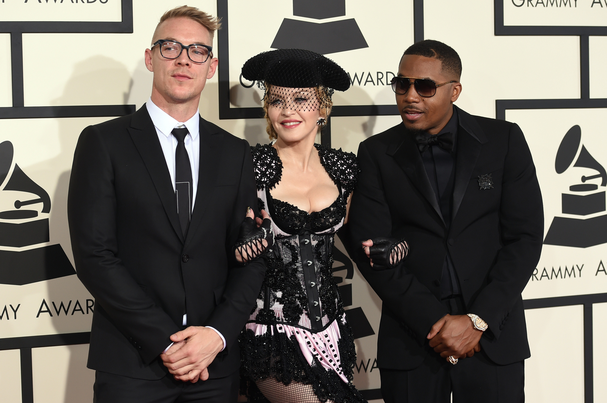 Madonna, Nas and Diplo at event of The 57th Annual Grammy Awards (2015)