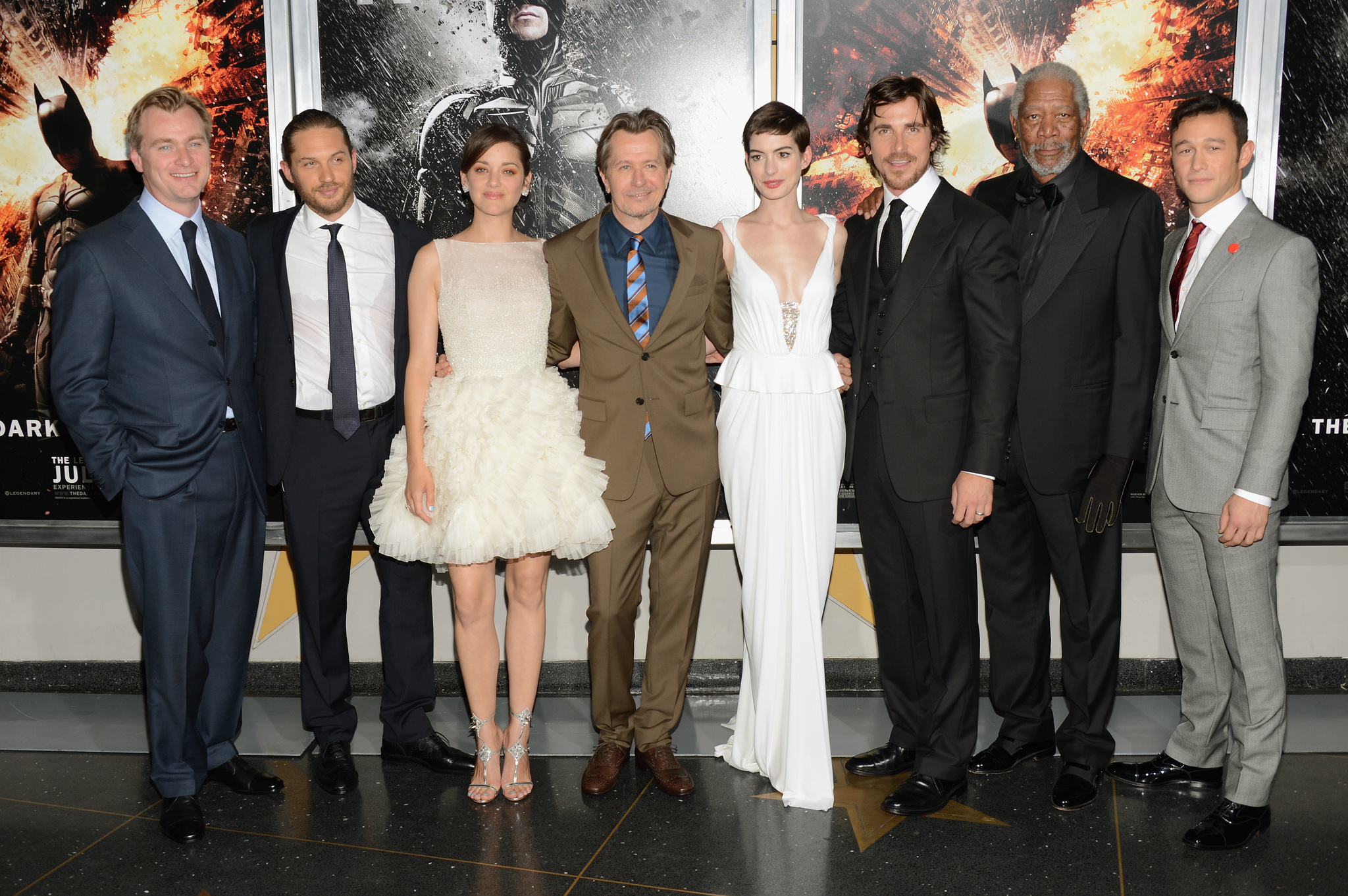 Morgan Freeman, Gary Oldman, Christian Bale, Anne Hathaway, Marion Cotillard, Joseph Gordon-Levitt and Christopher Nolan at event of Tamsos riterio sugrizimas (2012)