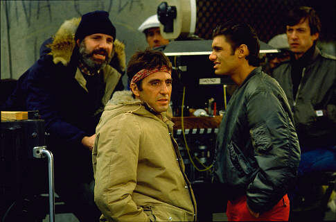 Al Pacino, Brian De Palma and Steven Bauer in Scarface (1983)