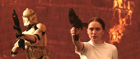 A clone trooper and Padmé Amidala (actress Natalie Portman) take aim during the climactic end battle.