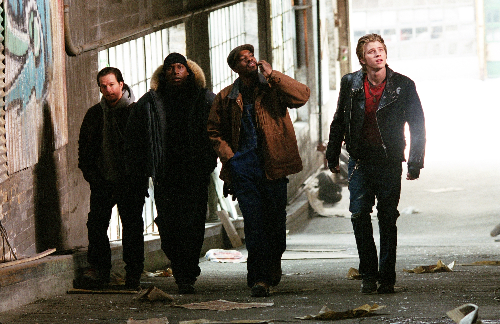 Still of Mark Wahlberg, André Benjamin, Tyrese Gibson and Garrett Hedlund in Four Brothers (2005)