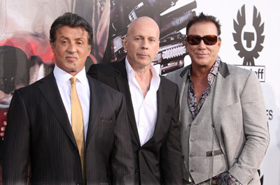 Sylvester Stallone, Bruce Willis and Mickey Rourke at event of The Expendables (2010)