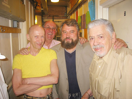 Photo taken October 2002 backstage at the London Palladium following a performance of Chitty Chitty Bang Bang, the Stage Musical. (left to right) Richard O'Brien, Anton Rodgers, Brian Blessed, Robert B. Sherman