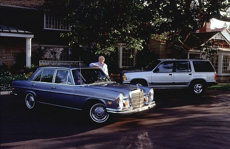 Ernest Borgnine and his 1972 Mercedes 280 SE and 1991 Ford Explorer at home