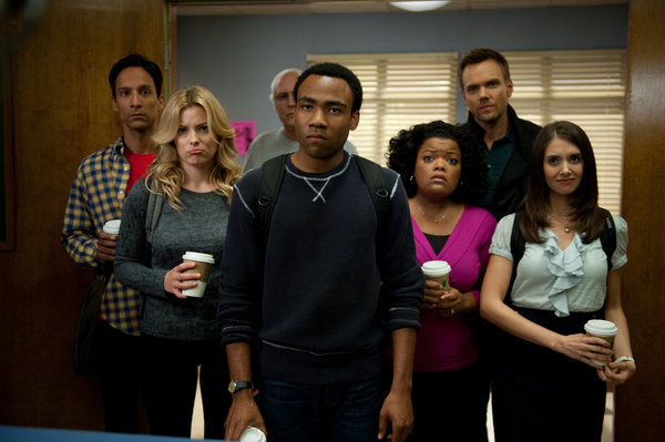 Still of Chevy Chase, Joel McHale, Yvette Nicole Brown, Alison Brie, Gillian Jacobs, Danny Pudi and Donald Glover in Community (2009)