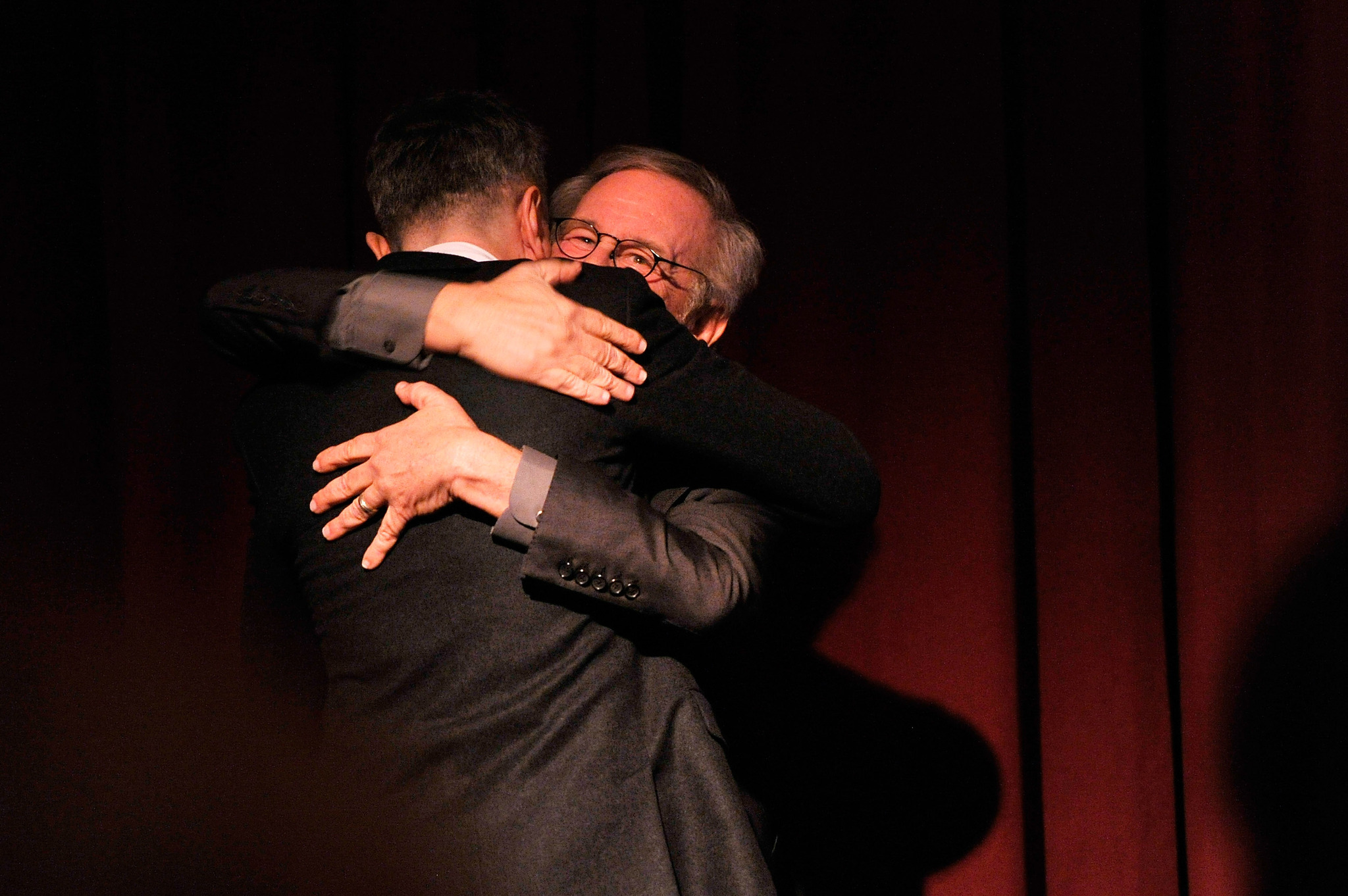 Daniel Day-Lewis and director Steven Spielberg share a hug onstage at the 2012 New York Film Critics Circle Awards at Crimson on January 7, 2013 in New York City.