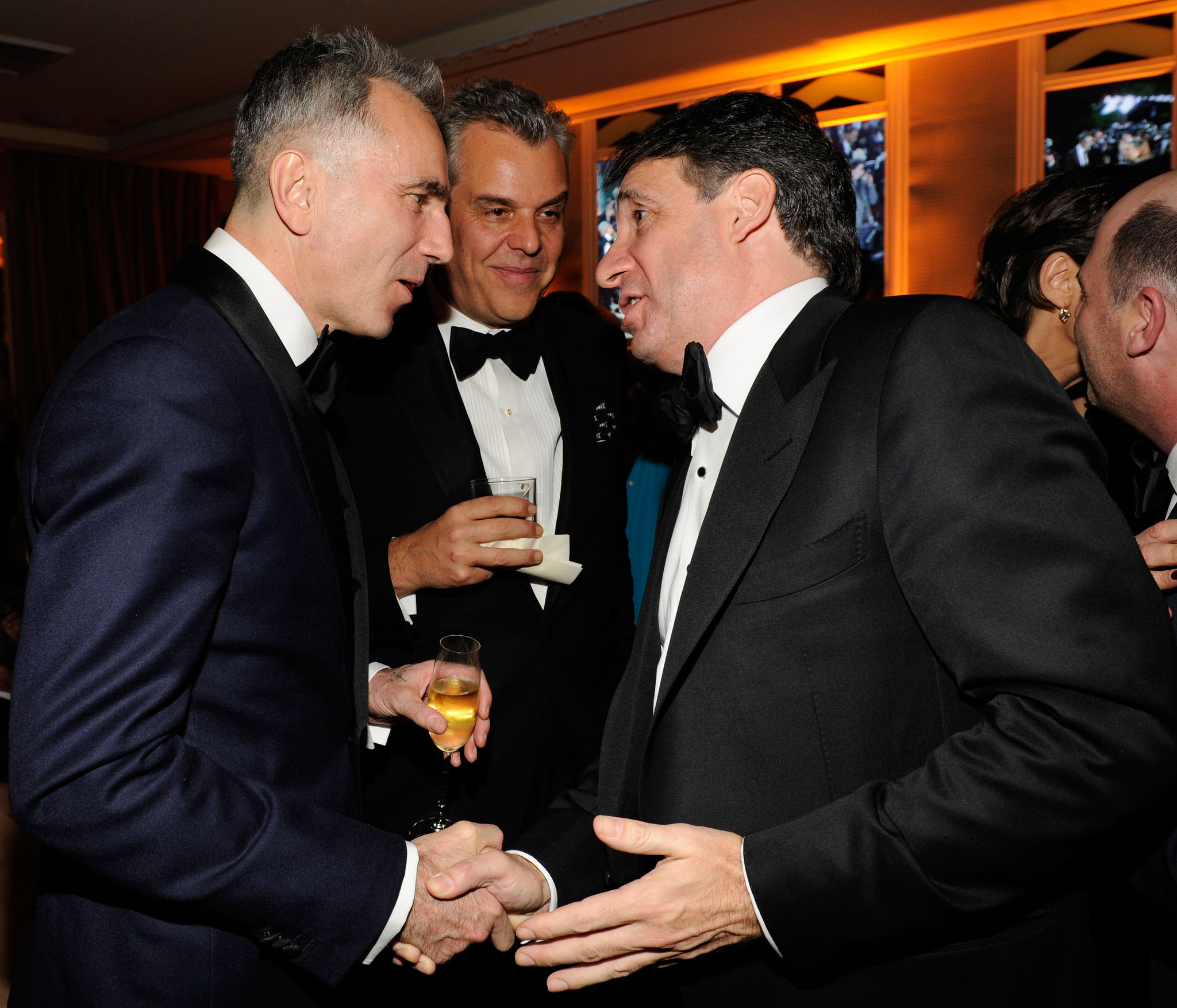 Daniel Day-Lewis, Danny Huston and and Co-Founder and Chief Executive Officer of Getty Images, Inc. Jonathan Klein attend the 2013 Vanity Fair Oscar Party hosted by Graydon Carter at Sunset Tower on February 24, 2013 in West Hollywood, California.