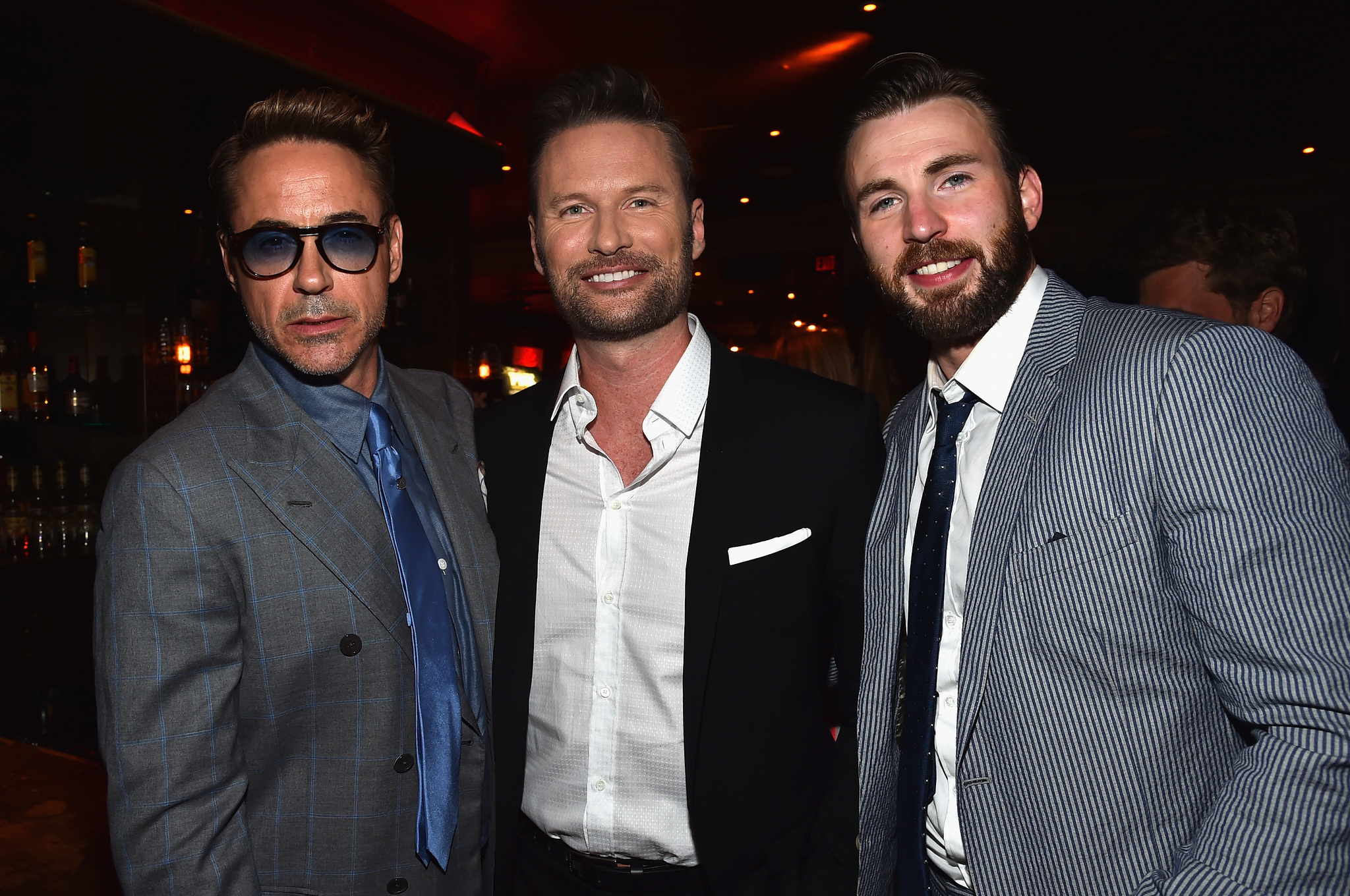 Robert Downey Jr., Brian Tyler and Chris Evans at event of Kersytojai 2 (2015)