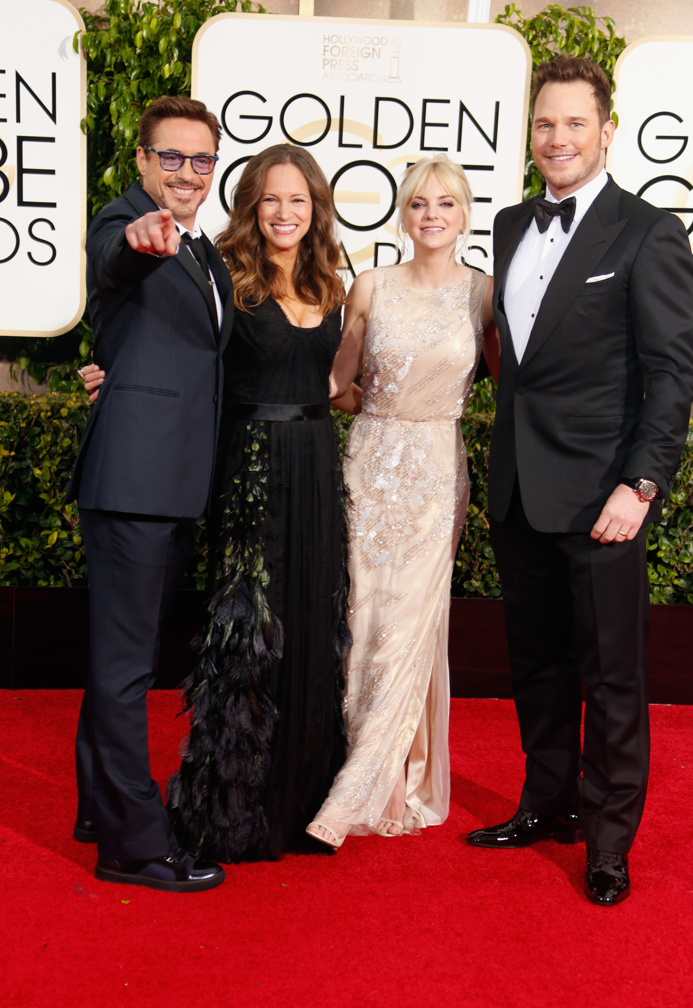 Robert Downey Jr., Anna Faris, Chris Pratt and Susan Downey at event of 72nd Golden Globe Awards (2015)