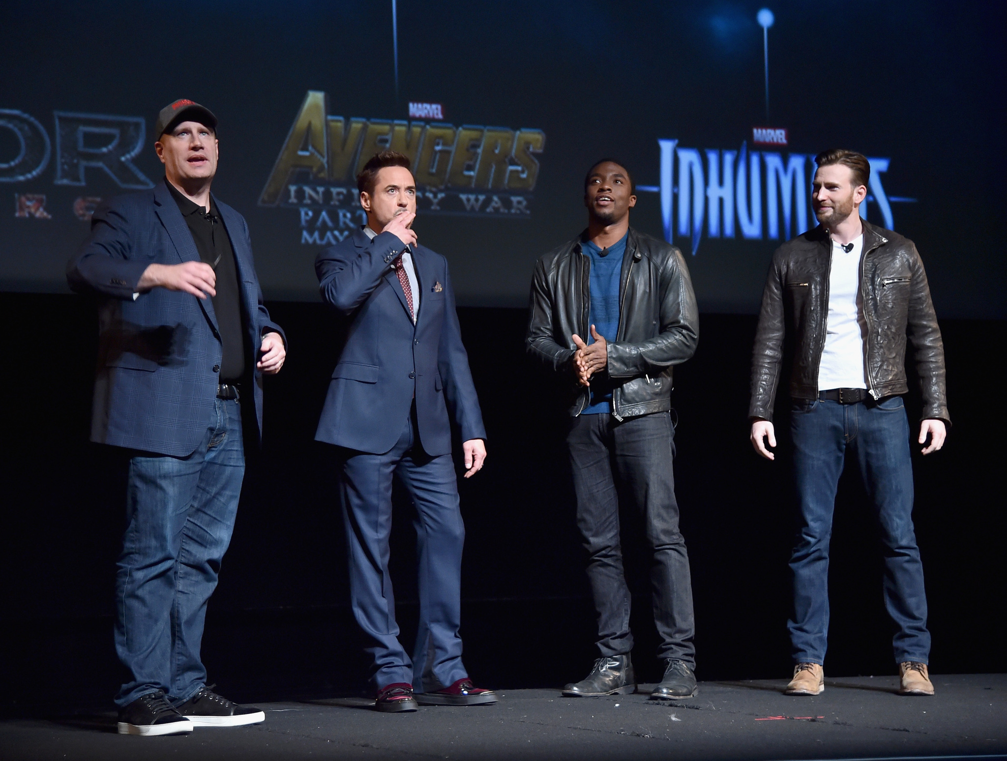 Robert Downey Jr., Chris Evans, Kevin Feige and Chadwick Boseman at event of Black Panther (2018)