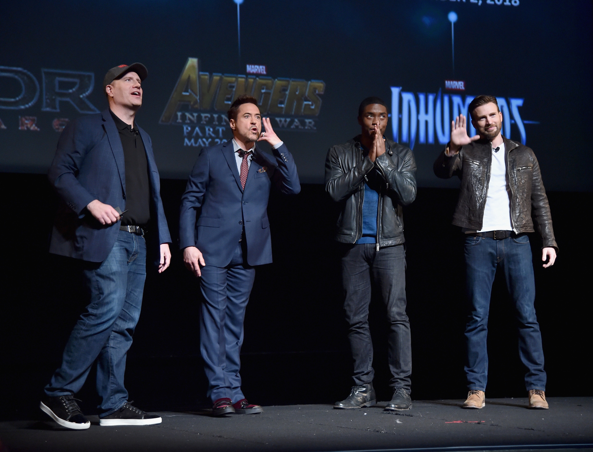 Robert Downey Jr., Chris Evans, Kevin Feige and Chadwick Boseman at event of Black Panther (2018)