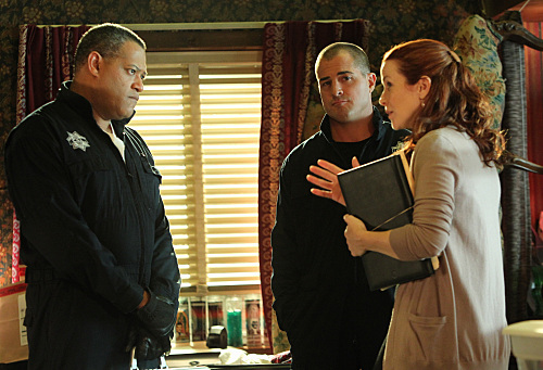 Still of Laurence Fishburne, George Eads and Annie Wersching in CSI kriminalistai (2000)