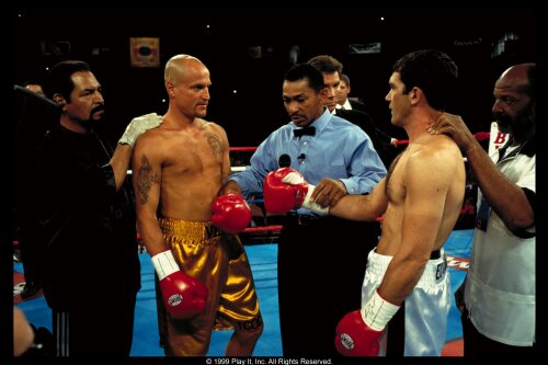 Vince and Cesar get instruction from the ref (Darrel Foster), flanked by their trainers, played by Eloy Casados (left) and Henry G. Sanders (right). Famed ring announcer, Michael Buffer stands behind the ref.