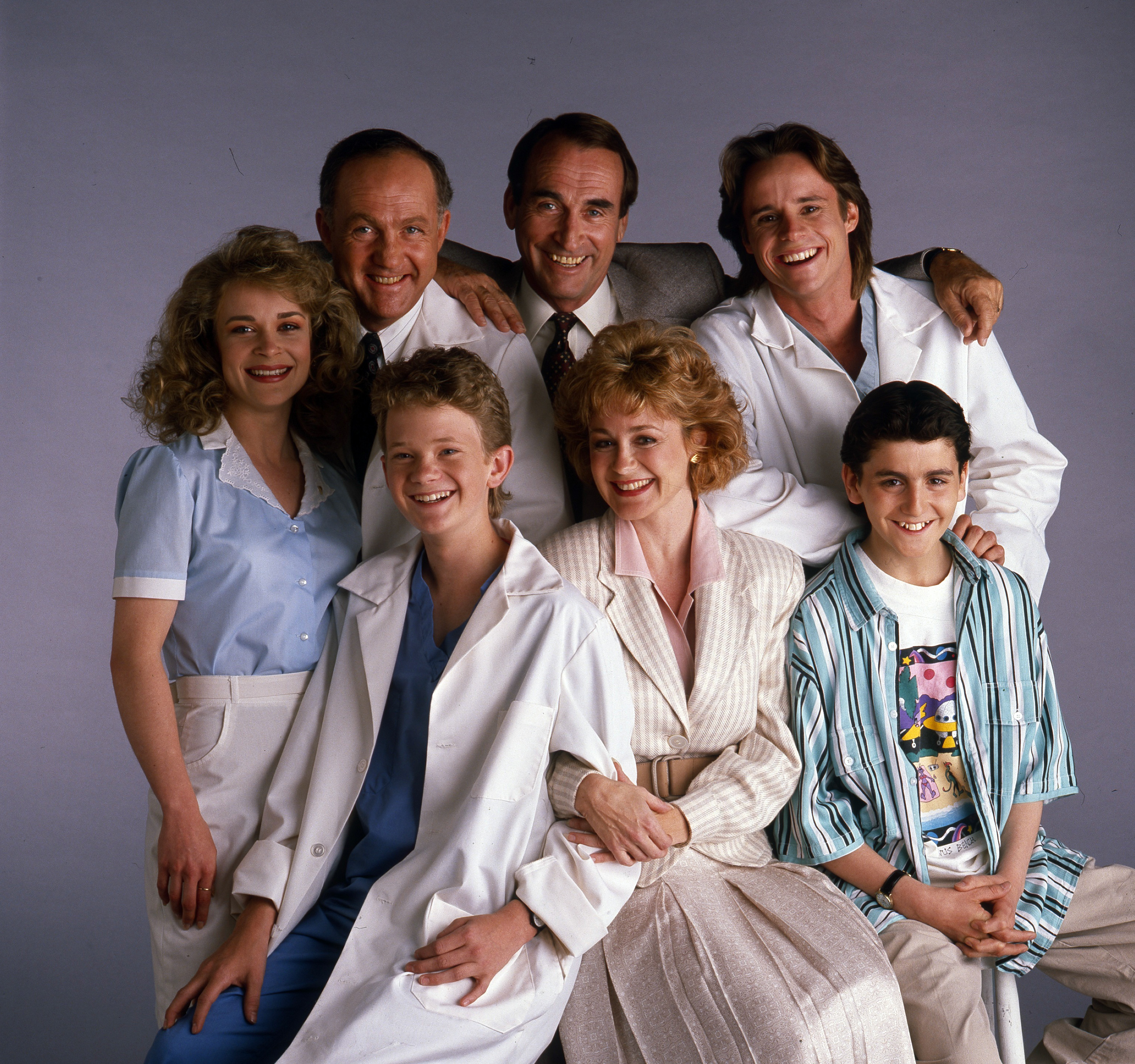 Still of Neil Patrick Harris, Mitchell Anderson, Max Casella, Kathryn Layng, Belinda Montgomery, Lawrence Pressman and James Sikking in Doogie Howser, M.D. (1989)
