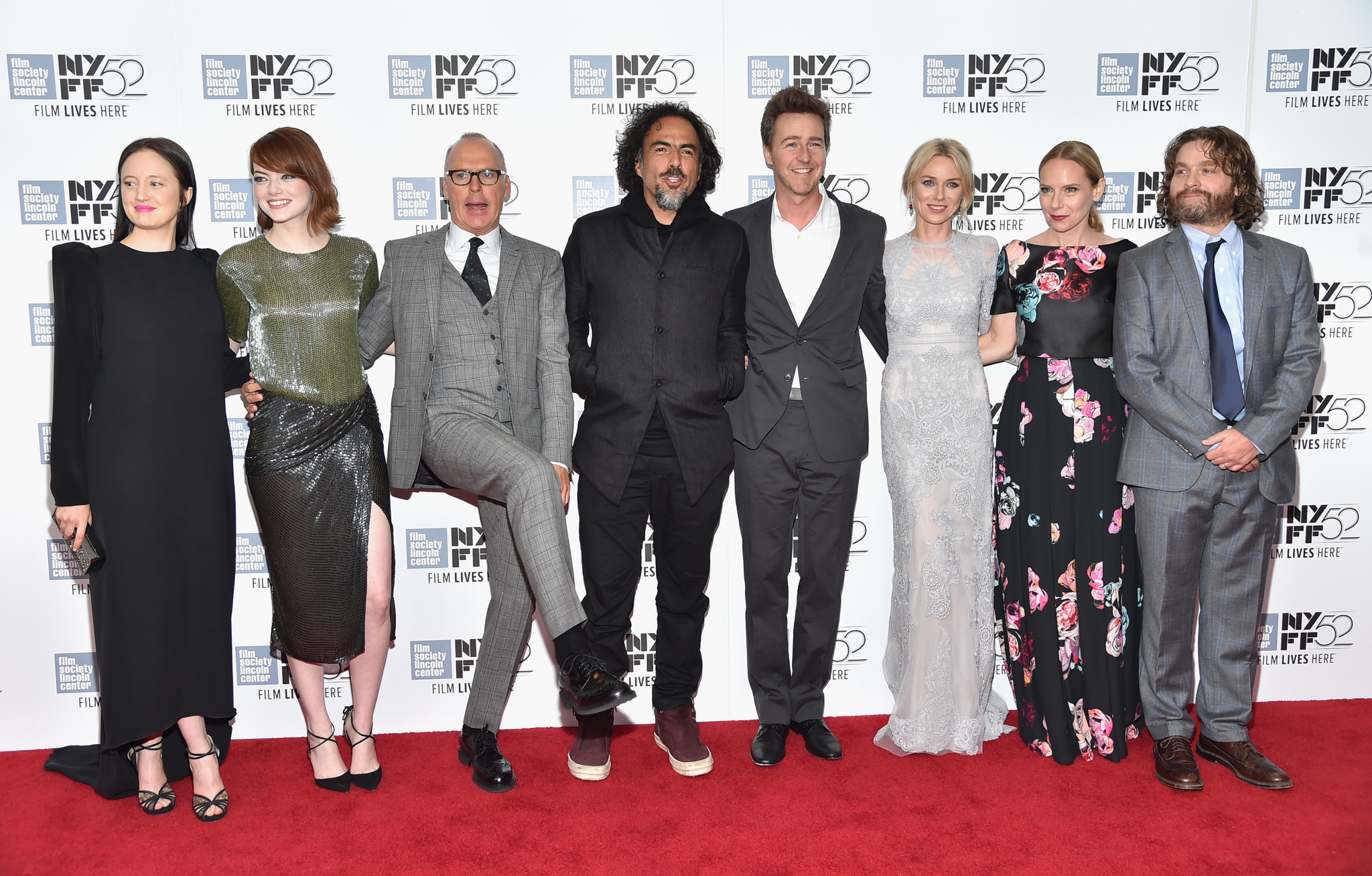 Michael Keaton, Edward Norton, Zach Galifianakis, Alejandro González Iñárritu, Amy Ryan, Naomi Watts, Emma Stone and Andrea Riseborough at event of Zmogus-paukstis (2014)