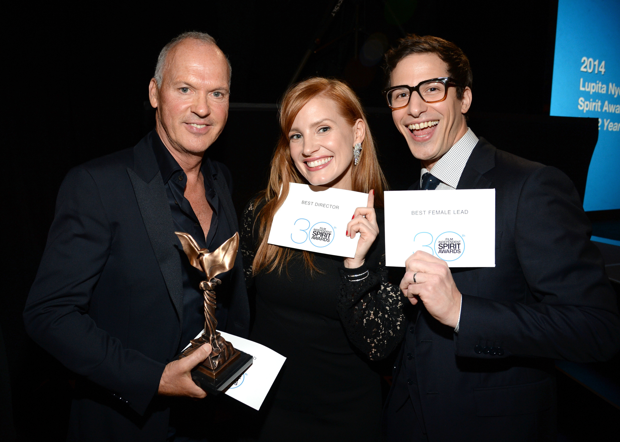 Michael Keaton, Jessica Chastain and Andy Samberg at event of 30th Annual Film Independent Spirit Awards (2015)