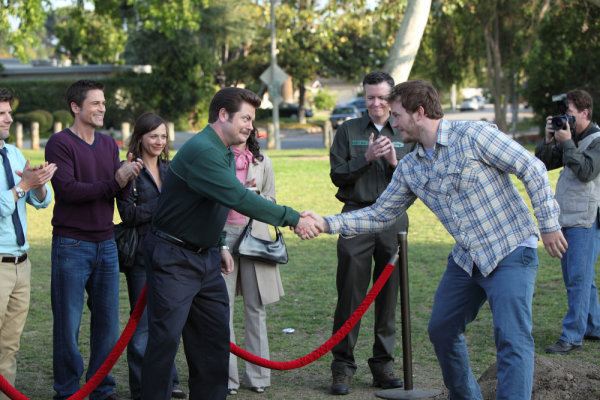 Still of Rob Lowe, Rashida Jones, Nick Offerman and Chris Pratt in Parks and Recreation (2009)