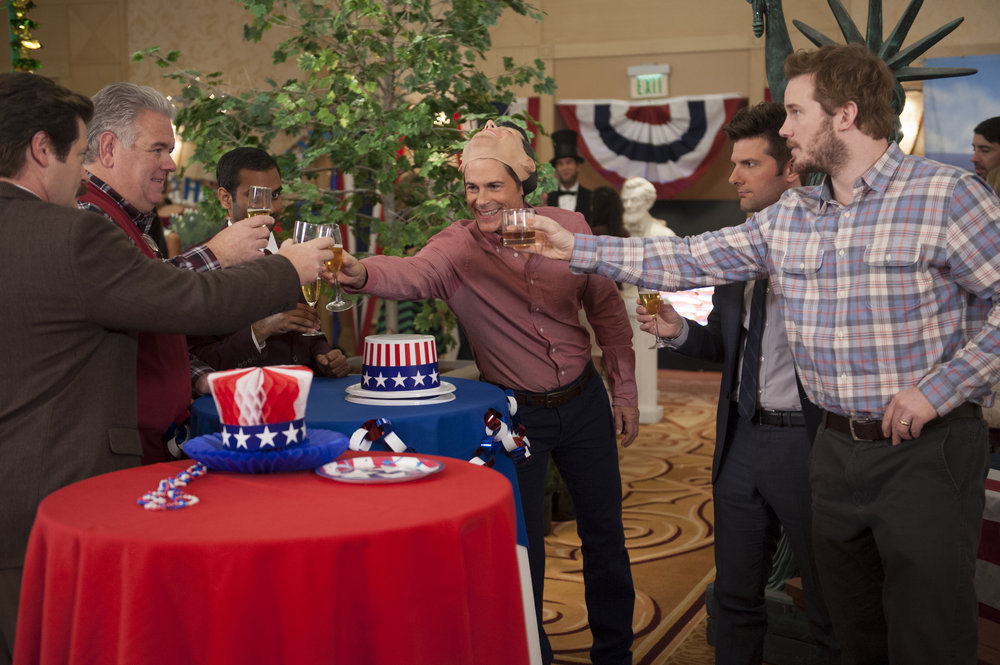 Still of Rob Lowe, Adam Scott, Jim O'Heir, Nick Offerman, Chris Pratt and Aziz Ansari in Parks and Recreation (2009)