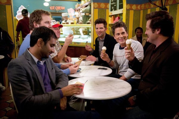 Still of Rob Lowe, Adam Scott, Jim O'Heir, Nick Offerman and Aziz Ansari in Parks and Recreation (2009)