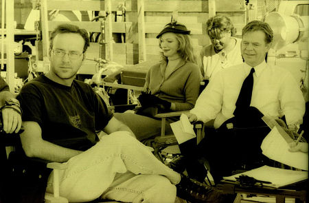 (l to r) Producer John H. Brister, Lauren Holly, and William H. Macy on set.