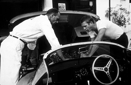 Steve McQueen and his XKSS Jaguar mechanic, 1960.